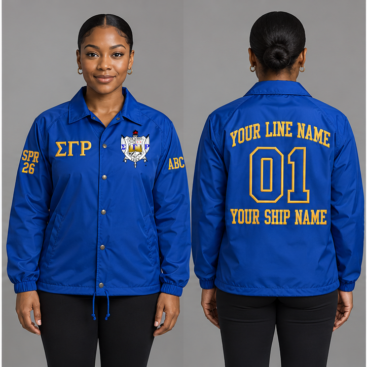 Sigma Gamma Rho Royal Blue and Gold personalized coach line jacket on an adult model, original supplied crest and ΣΓΡ letters, sample line name, line number 01, ship name, crossing year and chapter initials.