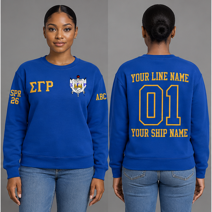 Sigma Gamma Rho Royal Blue crewneck sweatshirt on an adult model, Gold Greek letters ΣΓΡ, original supplied crest, sample line name, line number 01 and ship name, right sleeve SPR 26 and left sleeve ABC.