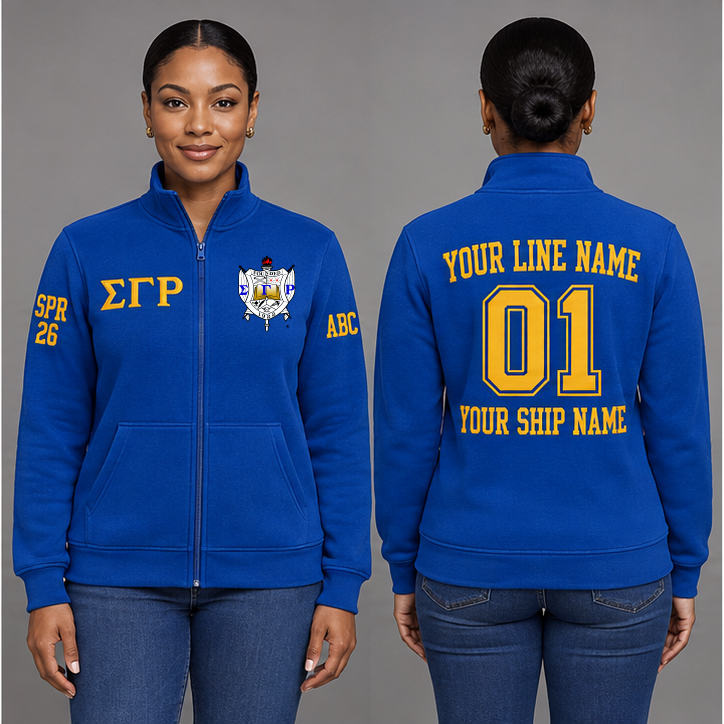 Sigma Gamma Rho Royal Blue and Gold personalized full-zip sweatshirt on an adult model, original supplied crest and ΣΓΡ letters, sample line name, line number01, ship name, crossing year and chapter initials.