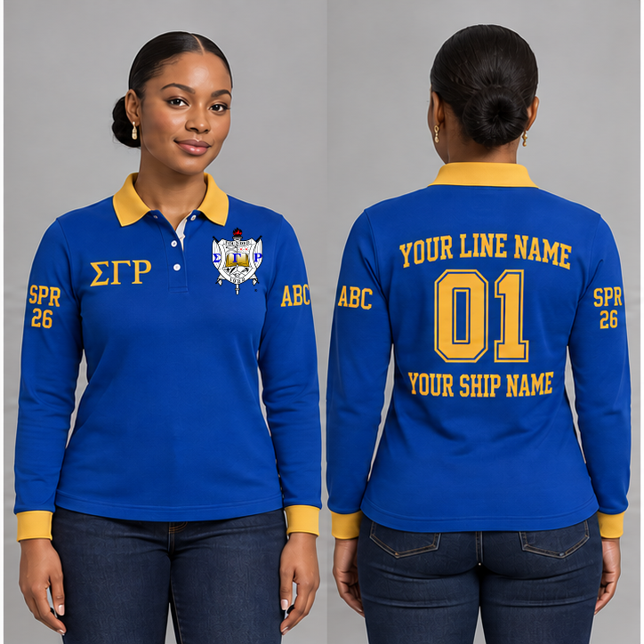 Sigma Gamma Rho long sleeve polo in Royal Blue and Gold on an adult model, original supplied crest and ΣΓΡ letters, sample line name, number 01, ship name, crossing year and chapter initials.