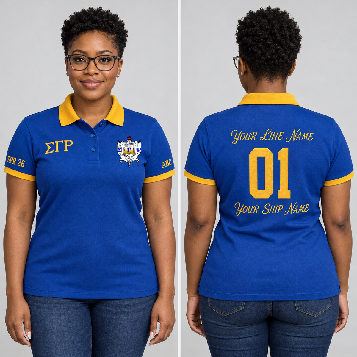 Sigma Gamma Rho Royal Blue and Gold personalized chapter polo on an adult model, supplied original crest and ΣΓΡ letters, sample line name, 01, ship name and sleeve text.