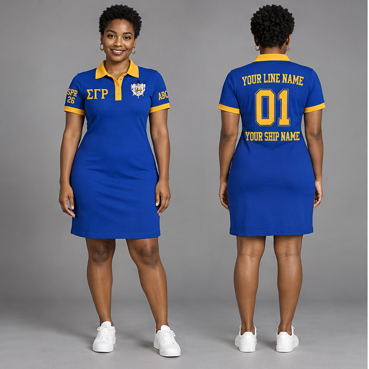 Sigma Gamma Rho Royal Blue and Gold personalized polo dress on an adult model, original supplied crest and ΣΓΡ letters, sample line name, line number 01, ship name, crossing year and chapter initials.