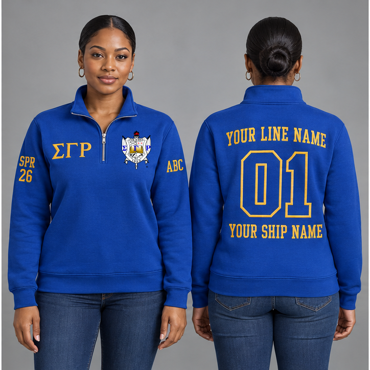 Sigma Gamma Rho Royal Blue and Gold personalized quarter-zip sweatshirt on an adult model, original supplied crest and ΣΓΡ letters, sample line name, line number01, ship name, crossing year and chapter initials.