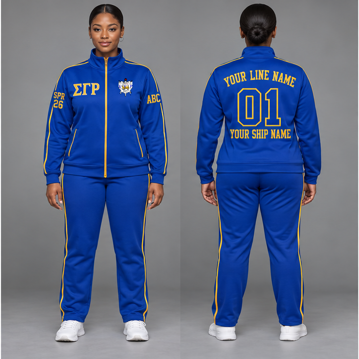 Sigma Gamma Rho Royal Blue and Gold personalized track suit on an adult model, original supplied crest and ΣΓΡ letters, sample line name, line number 01, ship name, crossing year and chapter initials.