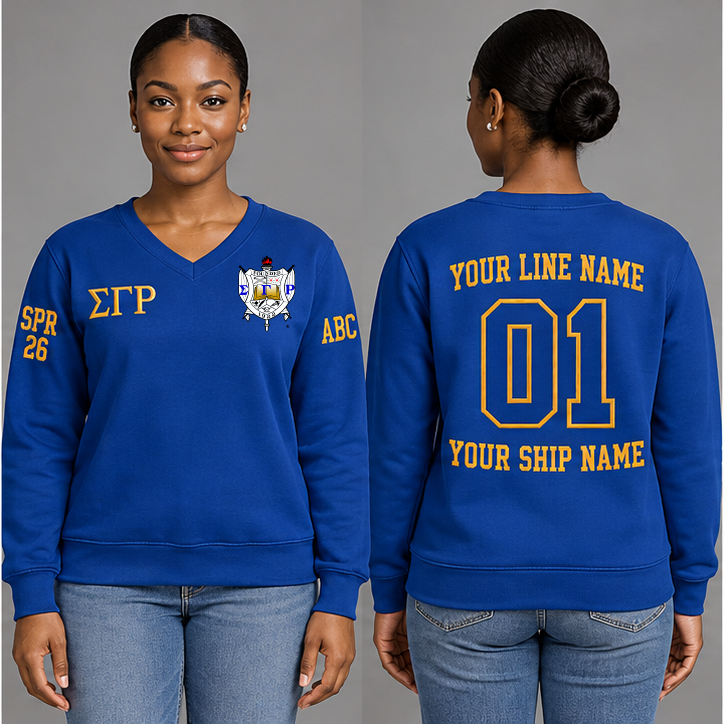 Sigma Gamma Rho Royal Blue V-neck sweatshirt on an adult model with Gold Greek letters ΣΓΡ, original supplied crest, sample line name, number 01 and ship name, crossing year and chapter initials on sleeves.