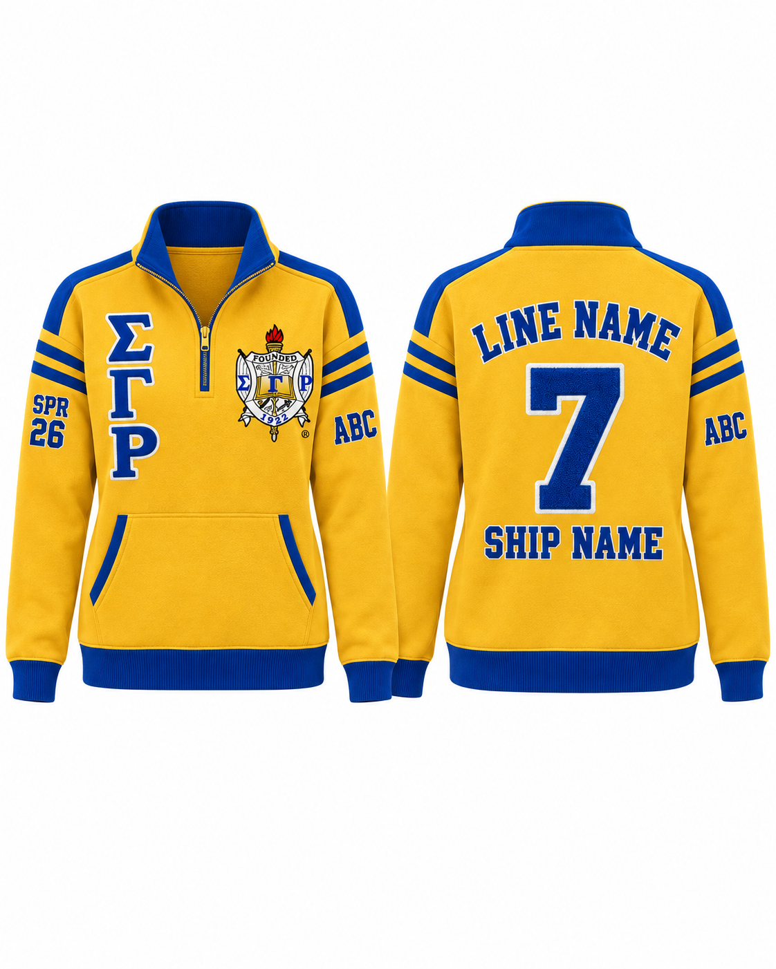 Sigma Gamma Rho gold and royal blue custom embroidered quarter zip pullover front and back