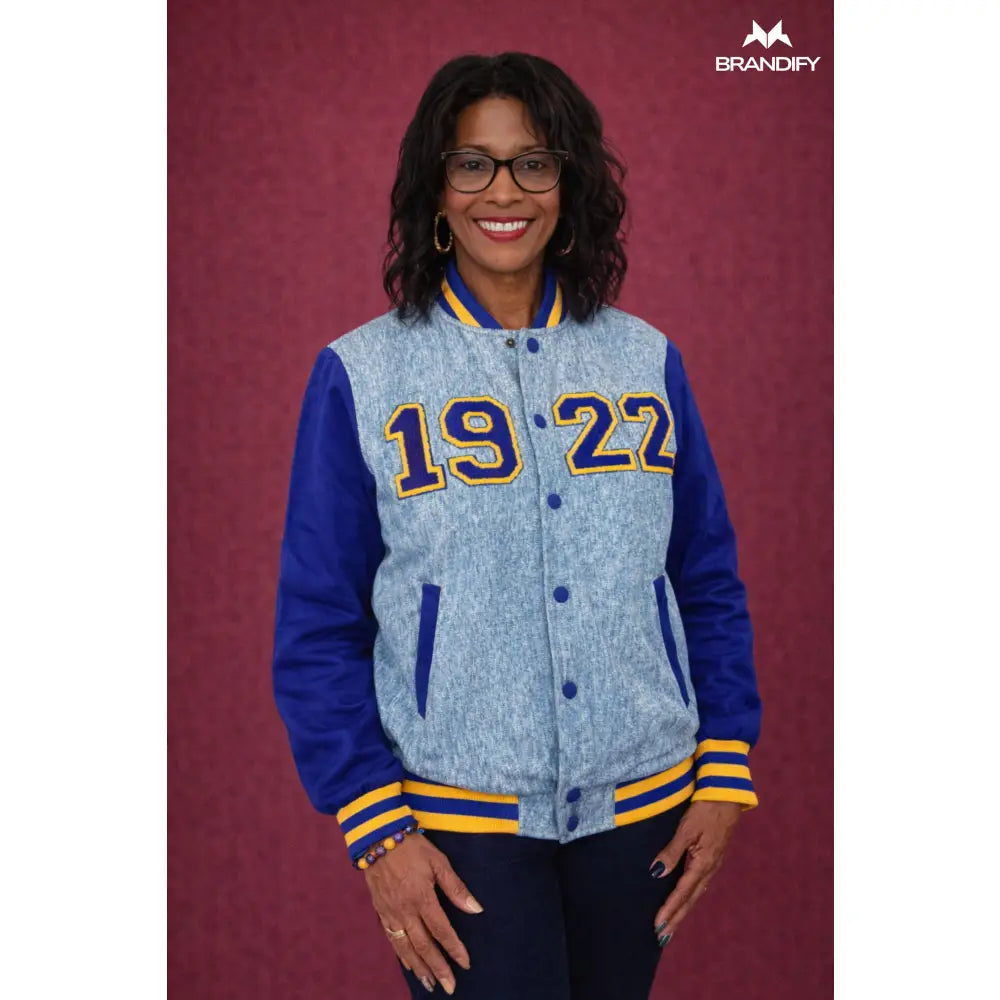 Custom Custom SGRho 1922 Denim Bomber Jacket | Custom D9 personalized Greek apparel design