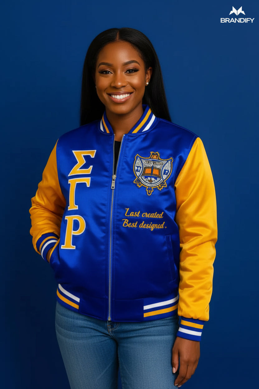 Custom Sigma Gamma Rho Sorority Apparel Style 5 front view with personalized royal blue and gold design