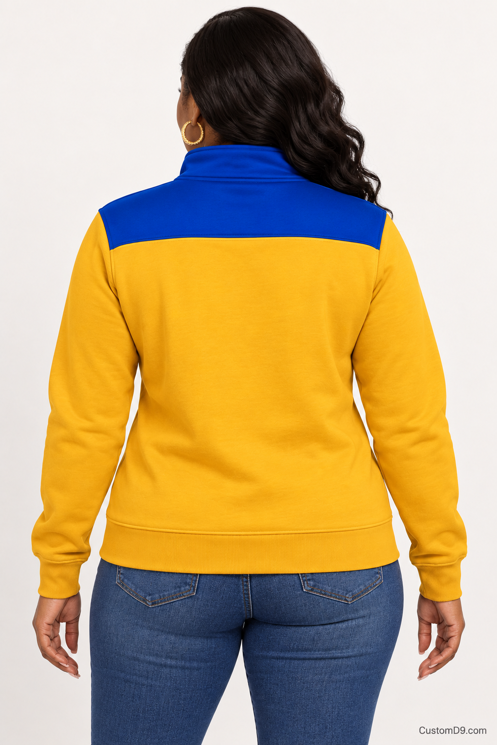 Black female model showing back of Sigma Gamma Rho gold quarter-zip with royal blue shoulder panel