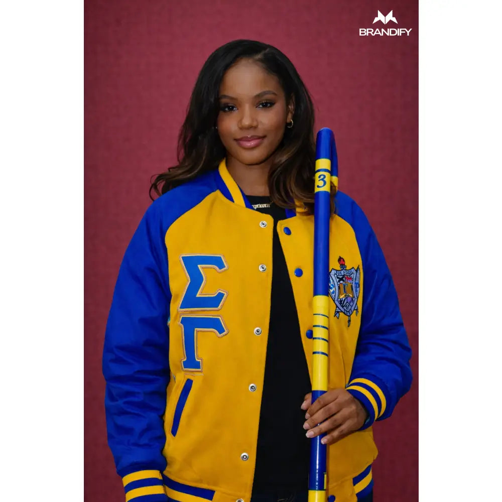 Custom Custom SGRho Gold Wool and Leather Letterman Jacket | Custom D9 personalized Greek apparel design