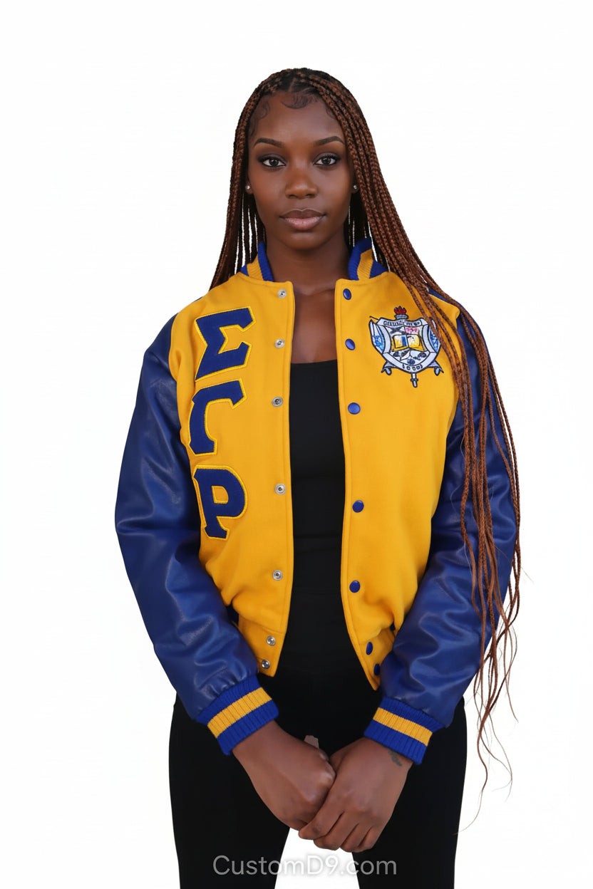 Custom Custom SGRho Gold Wool and Leather Letterman Jacket | Custom D9 personalized Greek apparel design
