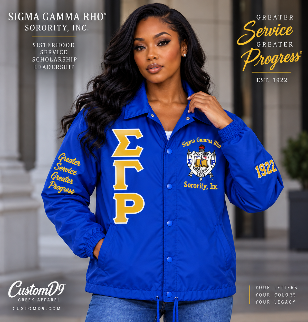 Sigma Gamma Rho royal blue custom line jacket on model