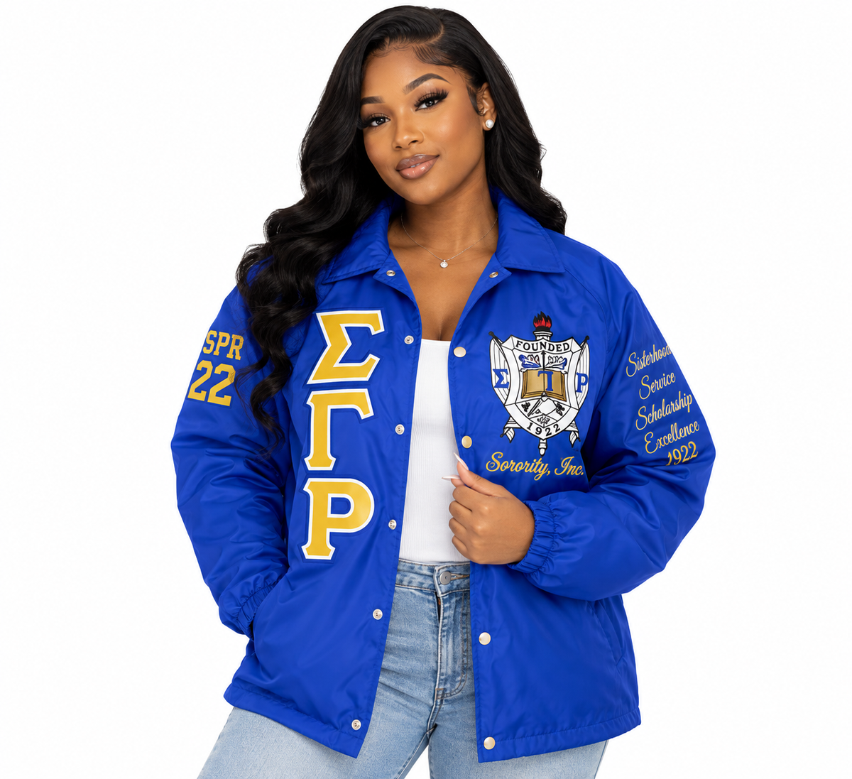 Sigma Gamma Rho royal blue custom line jacket studio model
