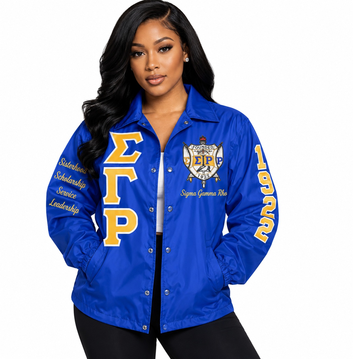 Sigma Gamma Rho royal blue custom line jacket with sleeve embroidery