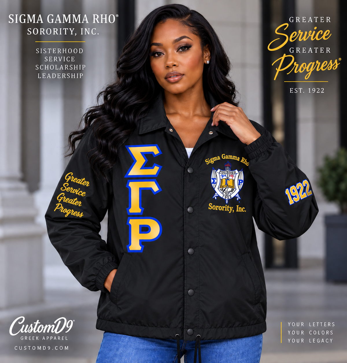 Sigma Gamma Rho black custom line jacket on model