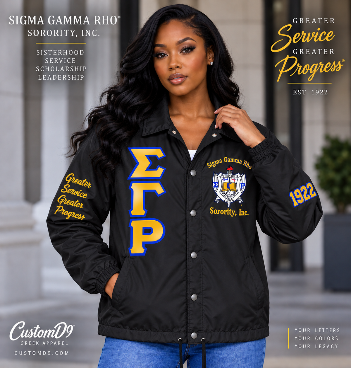Sigma Gamma Rho black custom line jacket with blue and gold embroidery