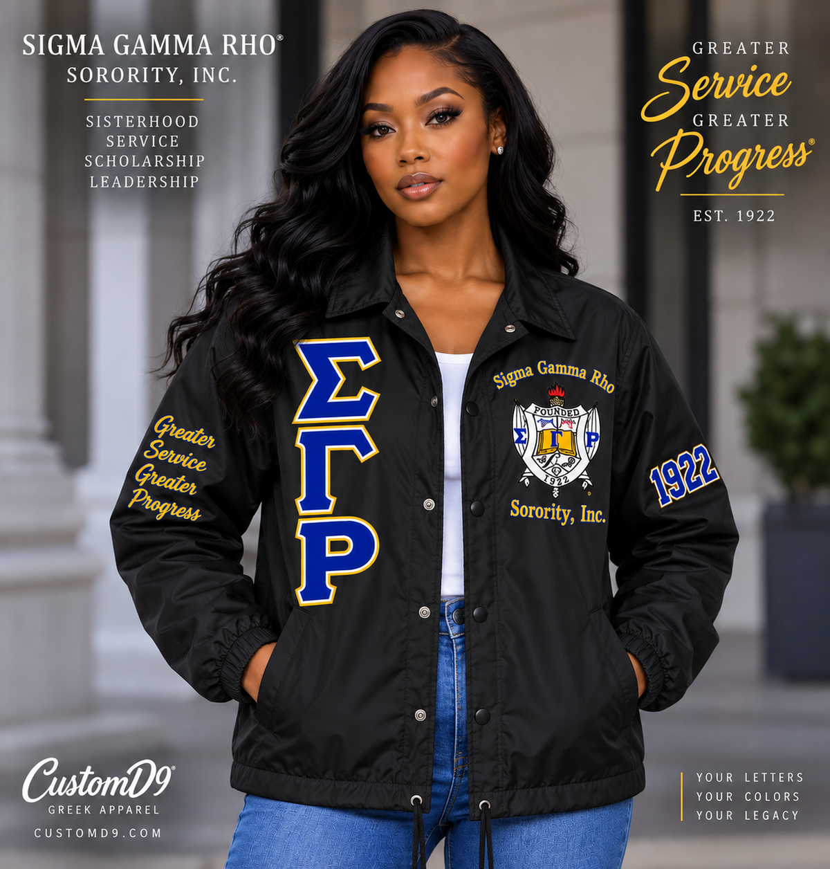 Sigma Gamma Rho black custom line jacket promotional model