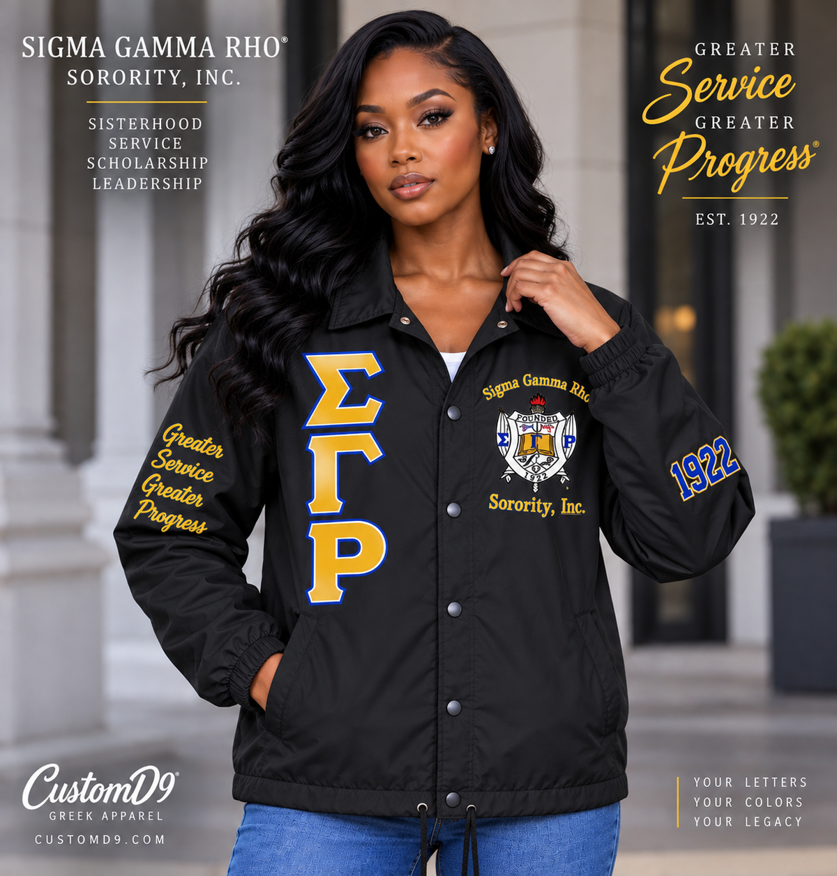 Sigma Gamma Rho black custom line jacket lifestyle model