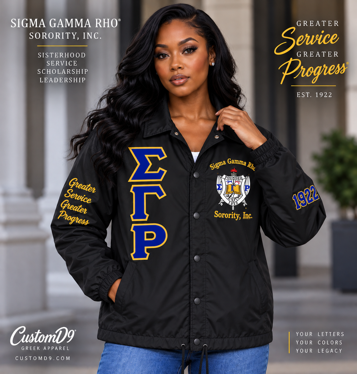 Sigma Gamma Rho black custom line jacket front model