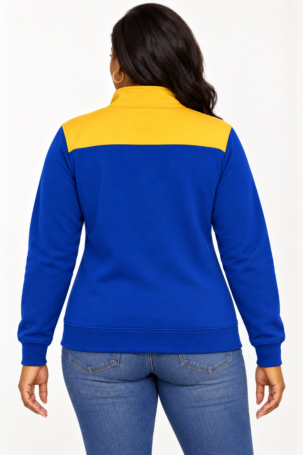 Black female model showing back of Sigma Gamma Rho royal blue quarter-zip with gold contrast shoulder panel