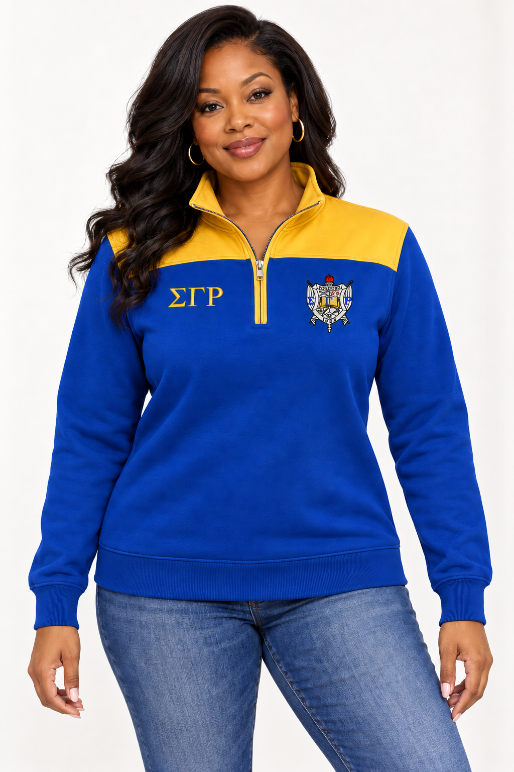 Black female model showing front of Sigma Gamma Rho royal blue quarter-zip with gold contrast shoulder panel