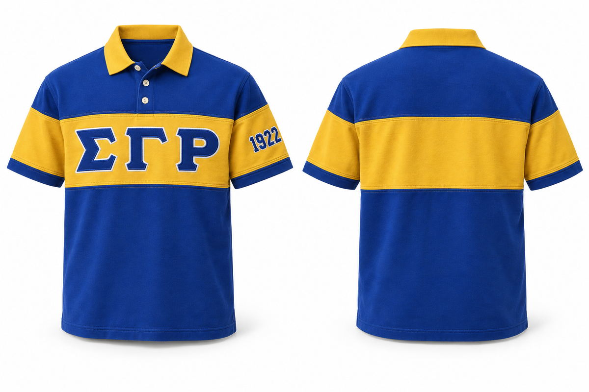 Sigma Gamma Rho royal blue and gold sewn-panel rugby polo front and back