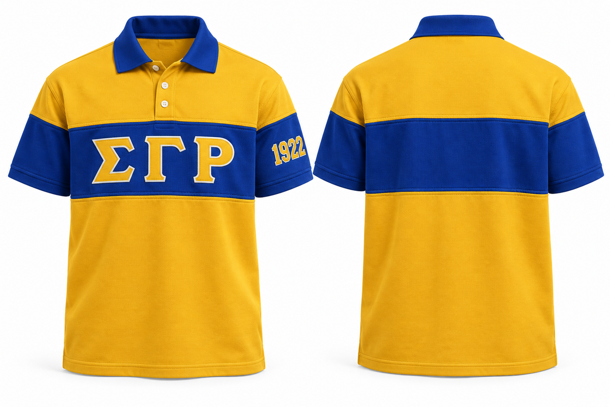 Sigma Gamma Rho gold and royal blue sewn-panel rugby polo front and back