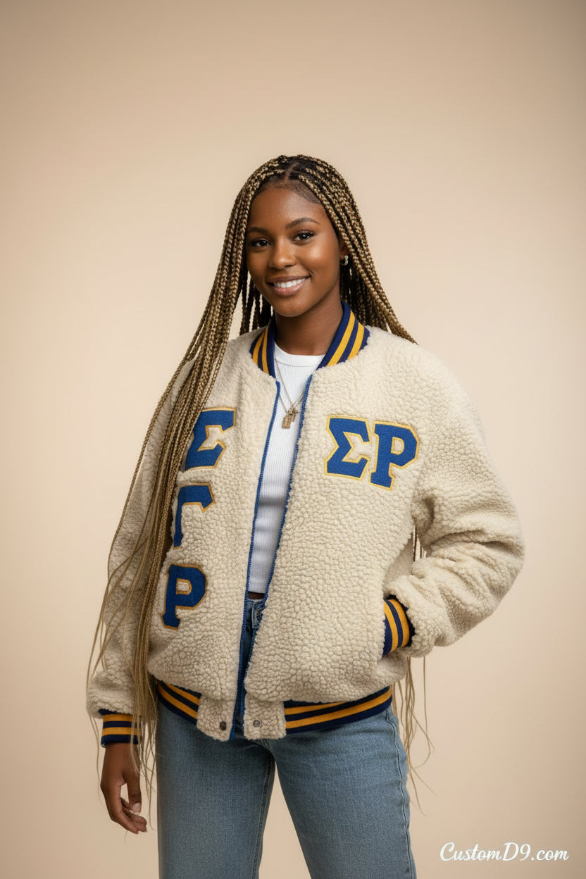 Custom Custom SGRho Sherpa Bomber Jacket | Custom D9 personalized Greek apparel design