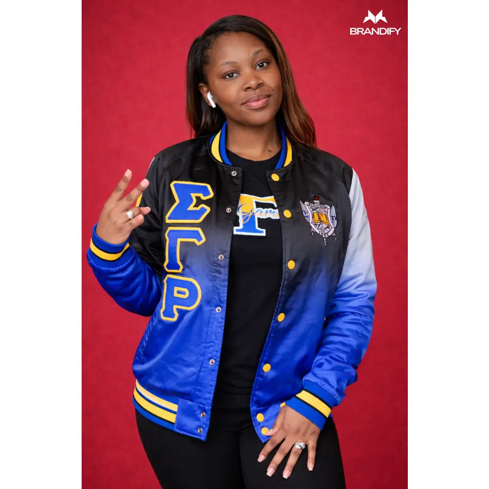 Custom Custom Sigma Gamma Rho Black Ombré Bomber Jacket | Custom D9 personalized Greek apparel design