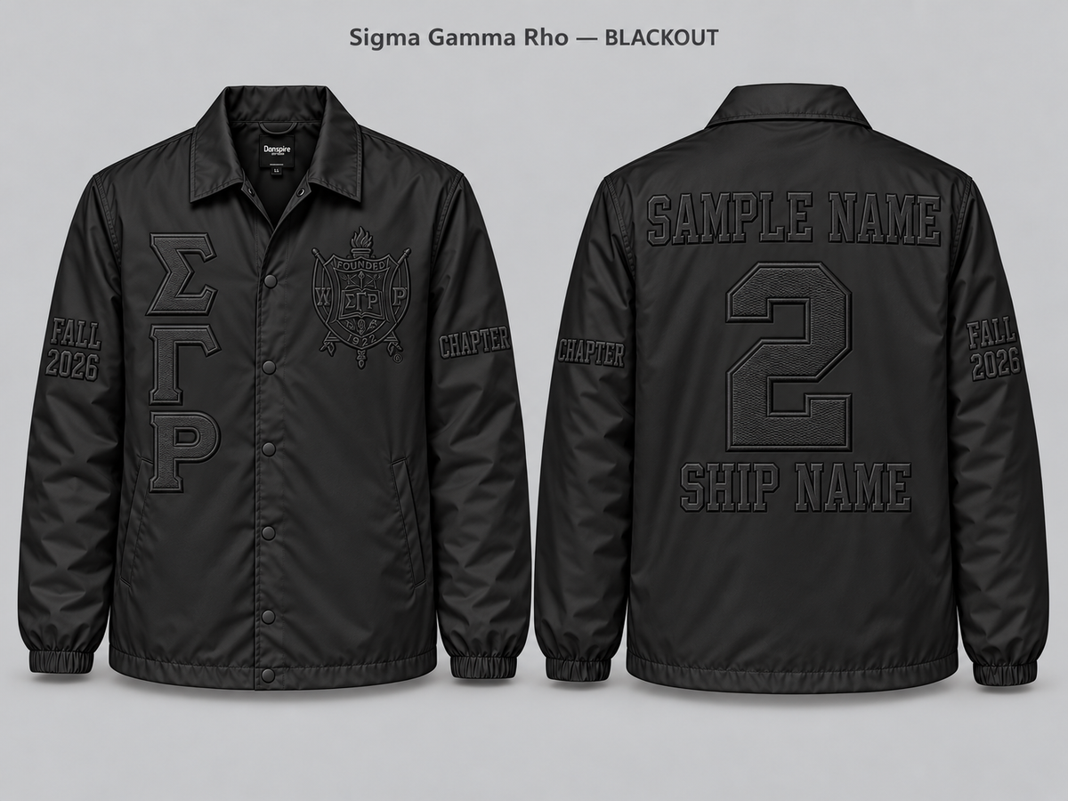 Sigma Gamma Rho Blackout line jacket with sample front back and sleeve embroidery