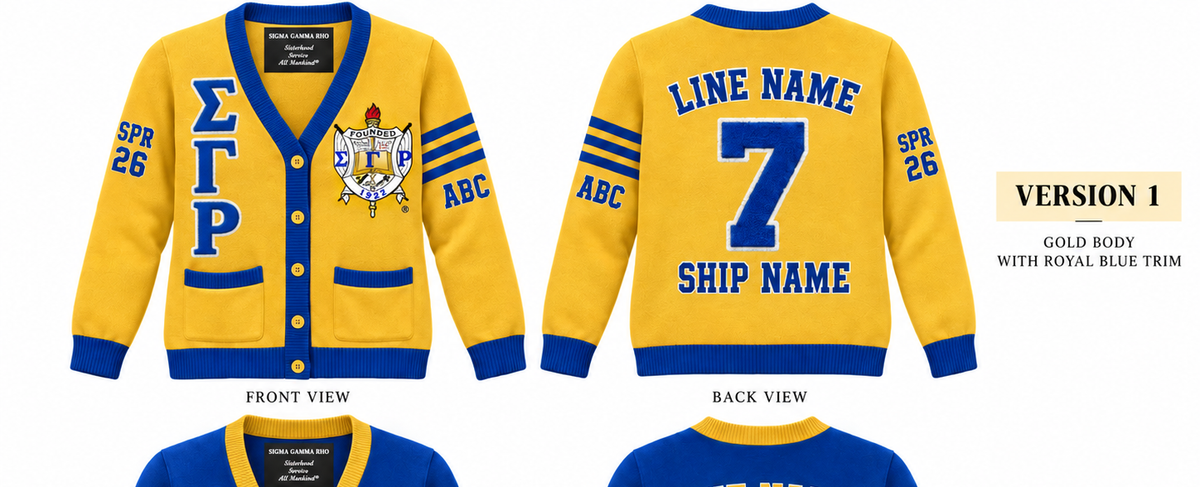 Sigma Gamma Rho custom embroidered cardigan gold body royal blue trim sample front and back