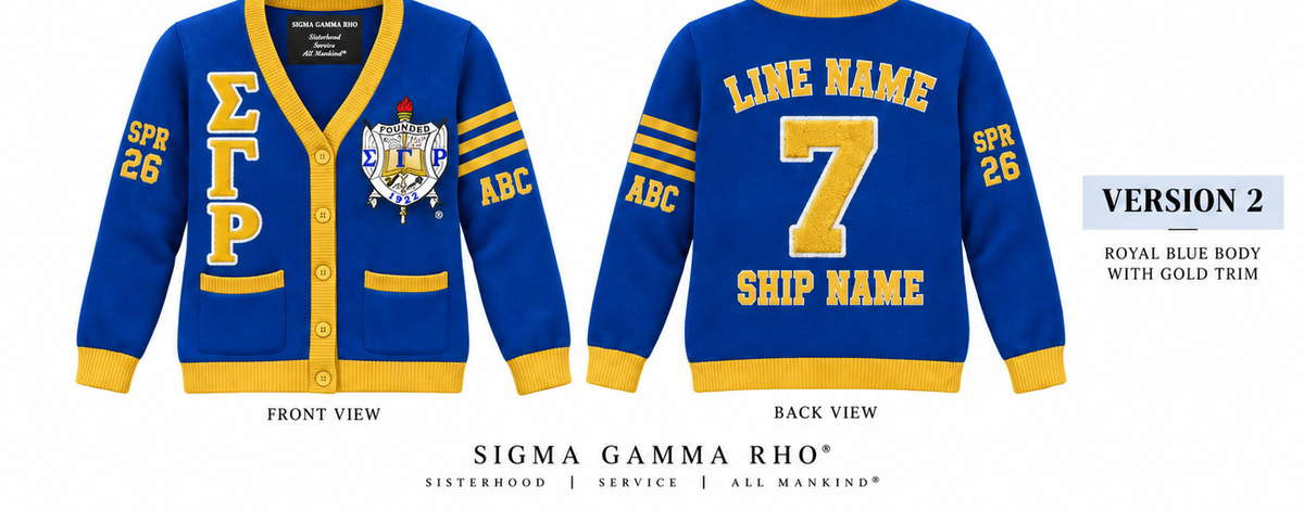 Sigma Gamma Rho custom embroidered cardigan royal blue body gold trim sample front and back
