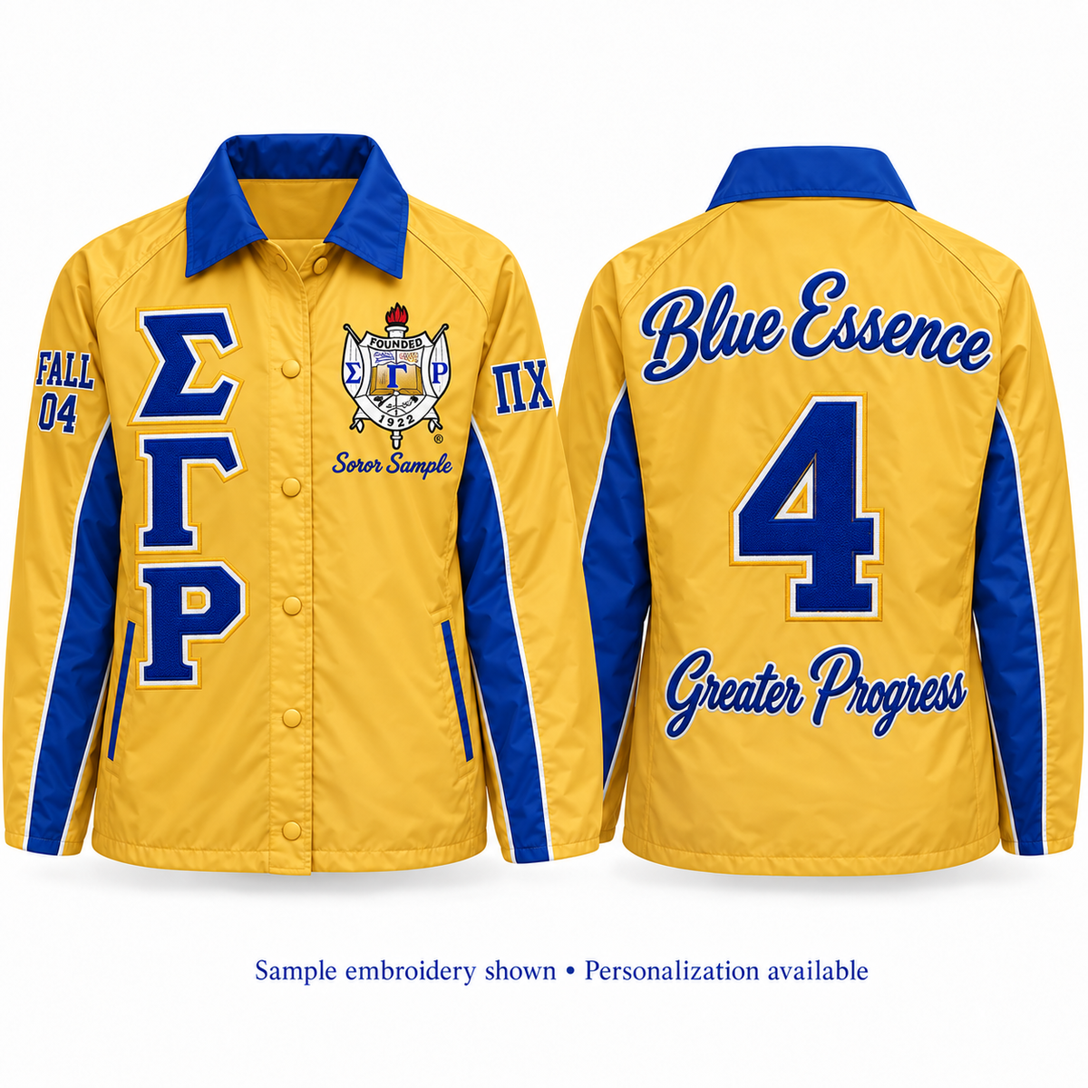 Sigma Gamma Rho custom embroidered gold and royal blue line jacket front and back personalization example