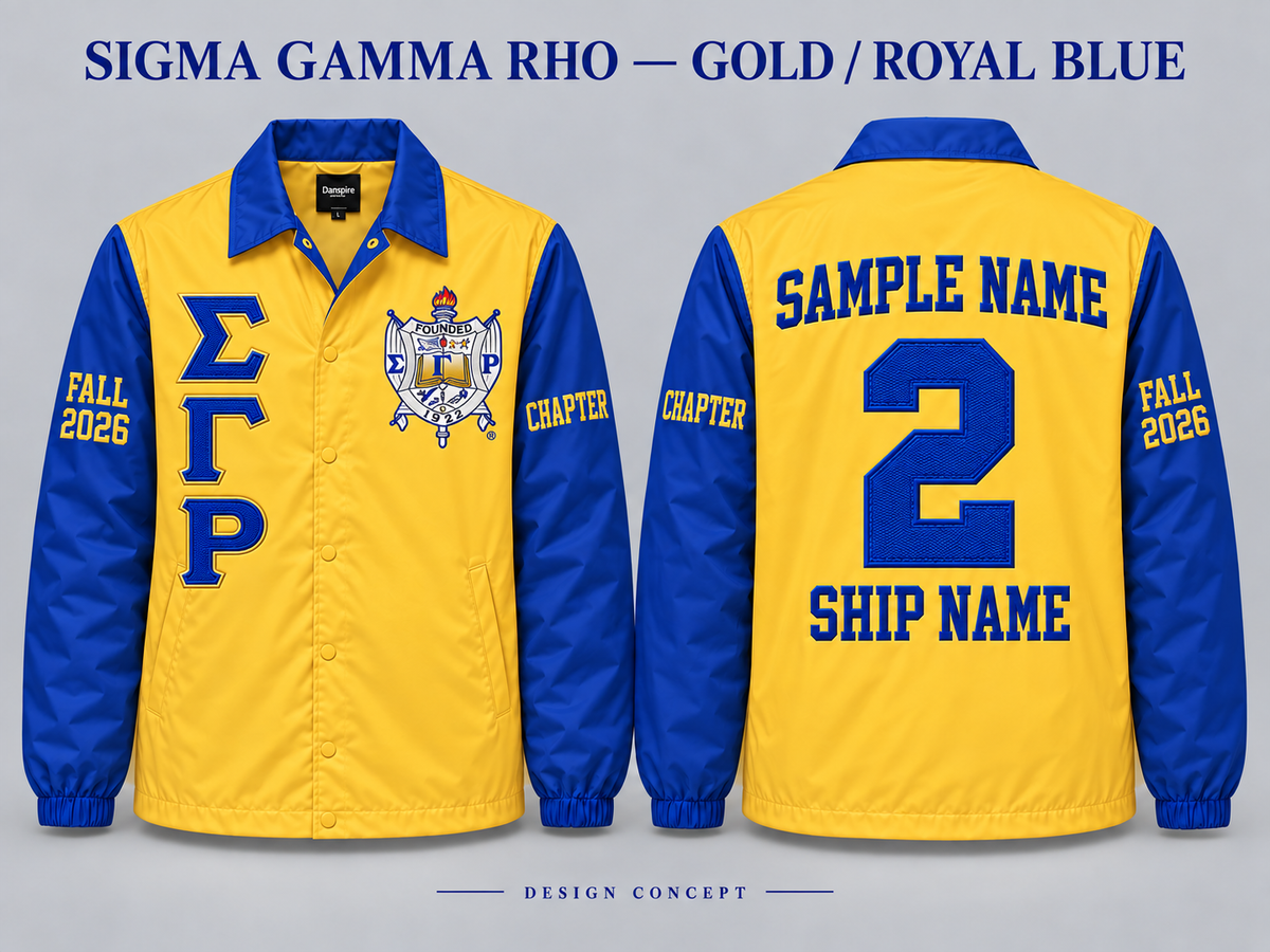 Sigma Gamma Rho Gold body with Royal Blue collar and sleeves contrast line jacket, front and back sample embroidery