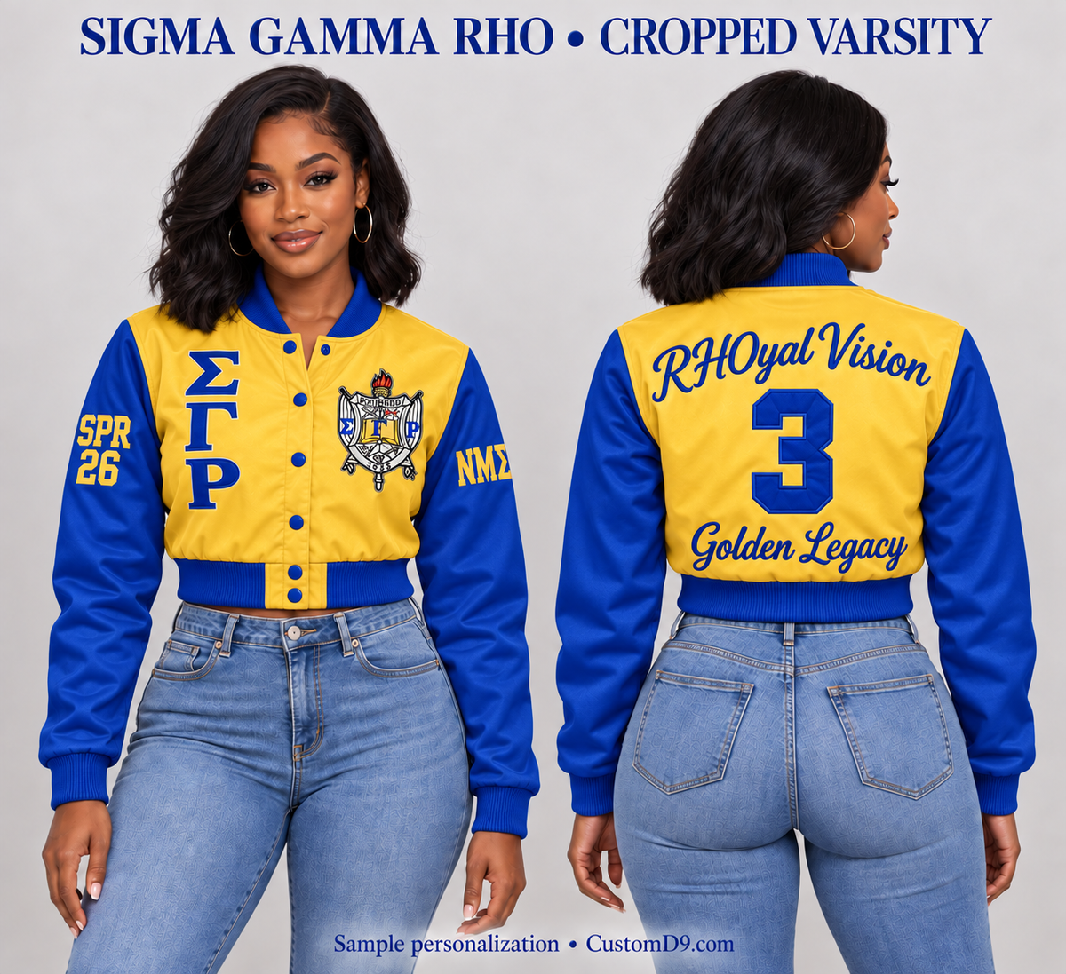 Sigma Gamma Rho cropped satin varsity jacket, Gold body and Royal Blue sleeves, front and back model views of optional personalization