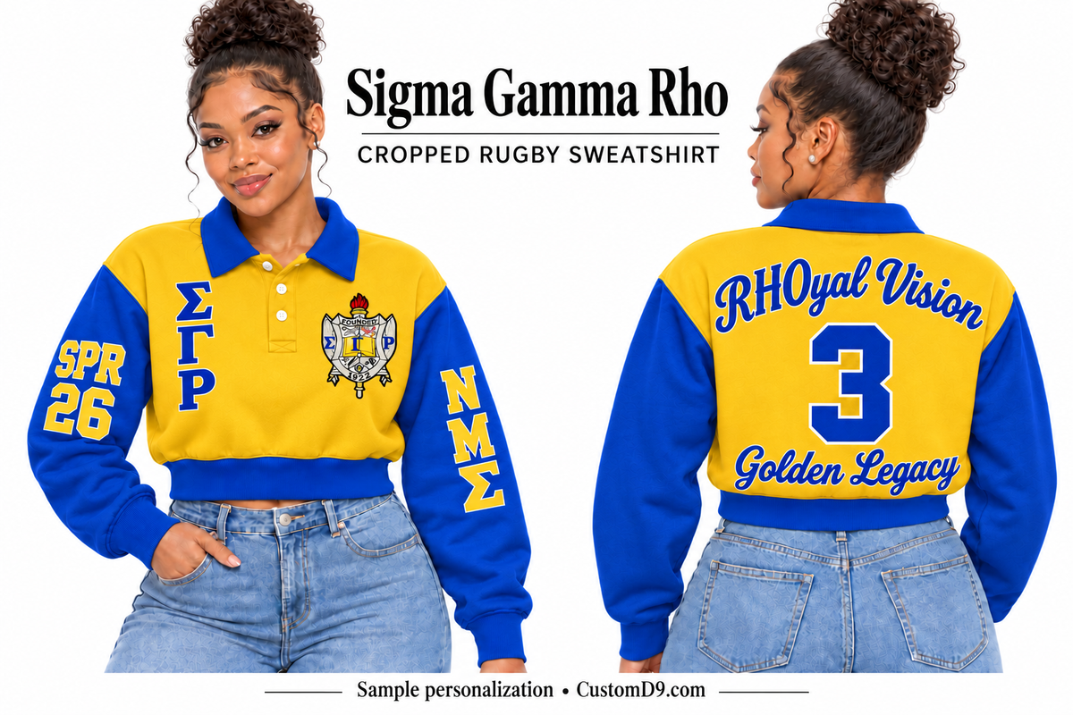 Sigma Gamma Rho Gold & Royal Blue Cropped Rugby Sweatshirt, front and back model views with optional crest, Greek letters and sample sleeve and back personalization