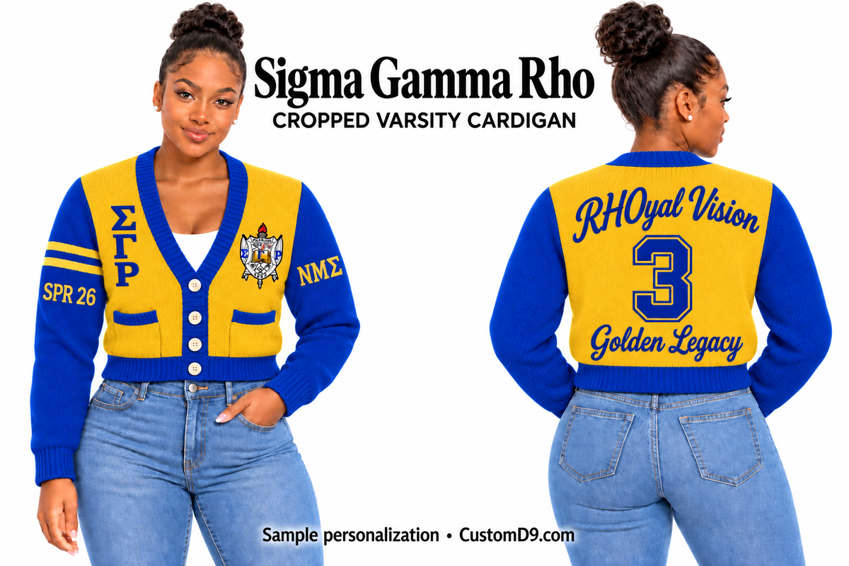 Sigma Gamma Rho gold & royal blue Cropped Varsity Cardigan on model, front and back showing optional crest, Greek letters and sample personalization
