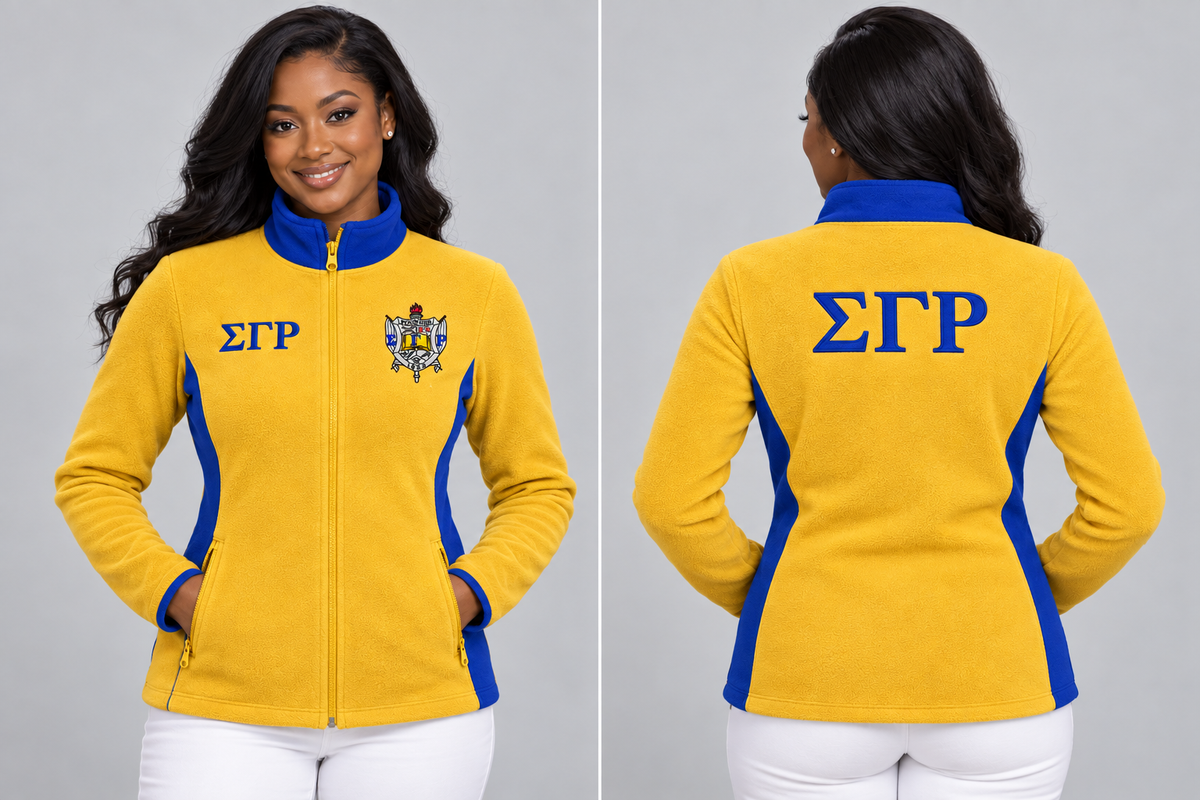 Sigma Gamma Rho fitted Gold and Royal Blue polar fleece jacket on woman model, front and back