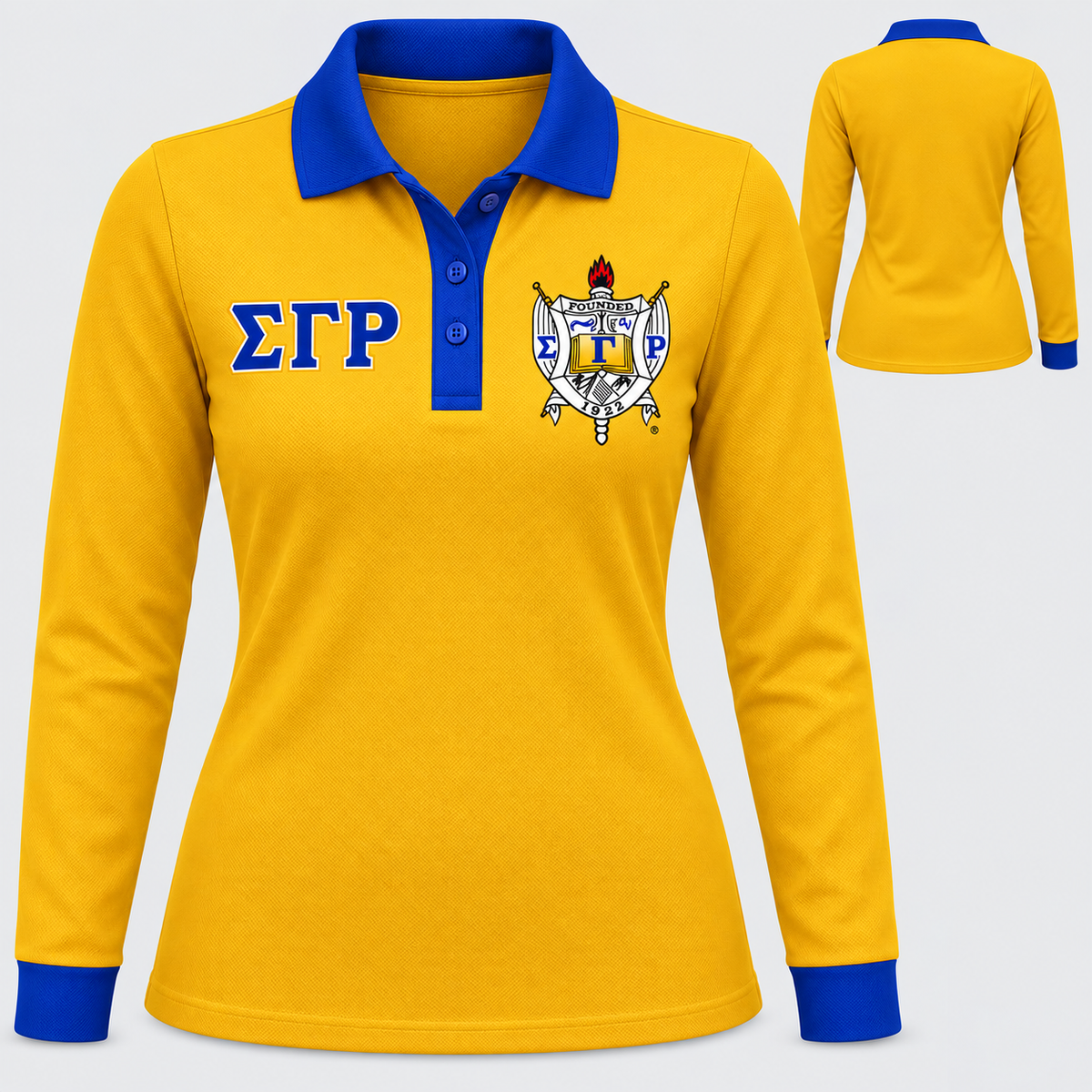 Sigma Gamma Rho gold body royal blue collar placket and cuffs long sleeve contrast polo front and back
