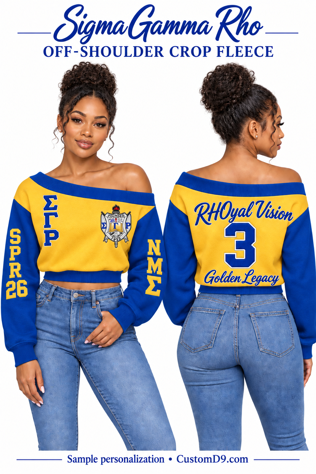 Sigma Gamma Rho Gold & Royal Blue Off-Shoulder Cropped Sweatshirt, front and back model views of optional crest, letters and personalized embroidery