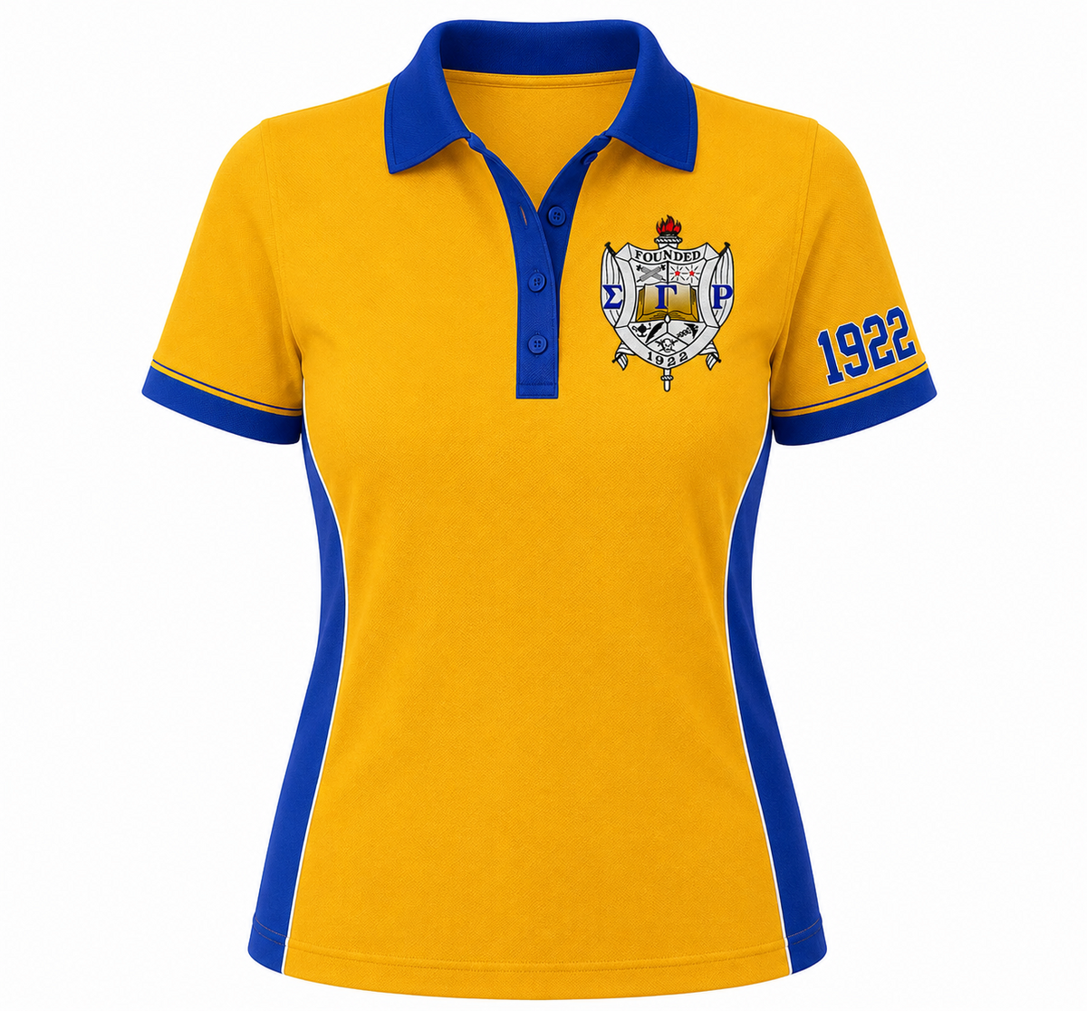 Sigma Gamma Rho gold and royal blue panel polo shirt with embroidered crest and 1922 sleeve