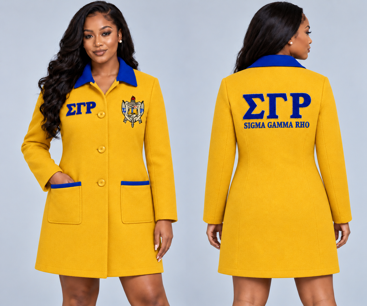 Black woman modeling Sigma Gamma Rho gold and royal blue fitted premium wool blend coat with chenille Greek letters and embroidered crest, front and back views.