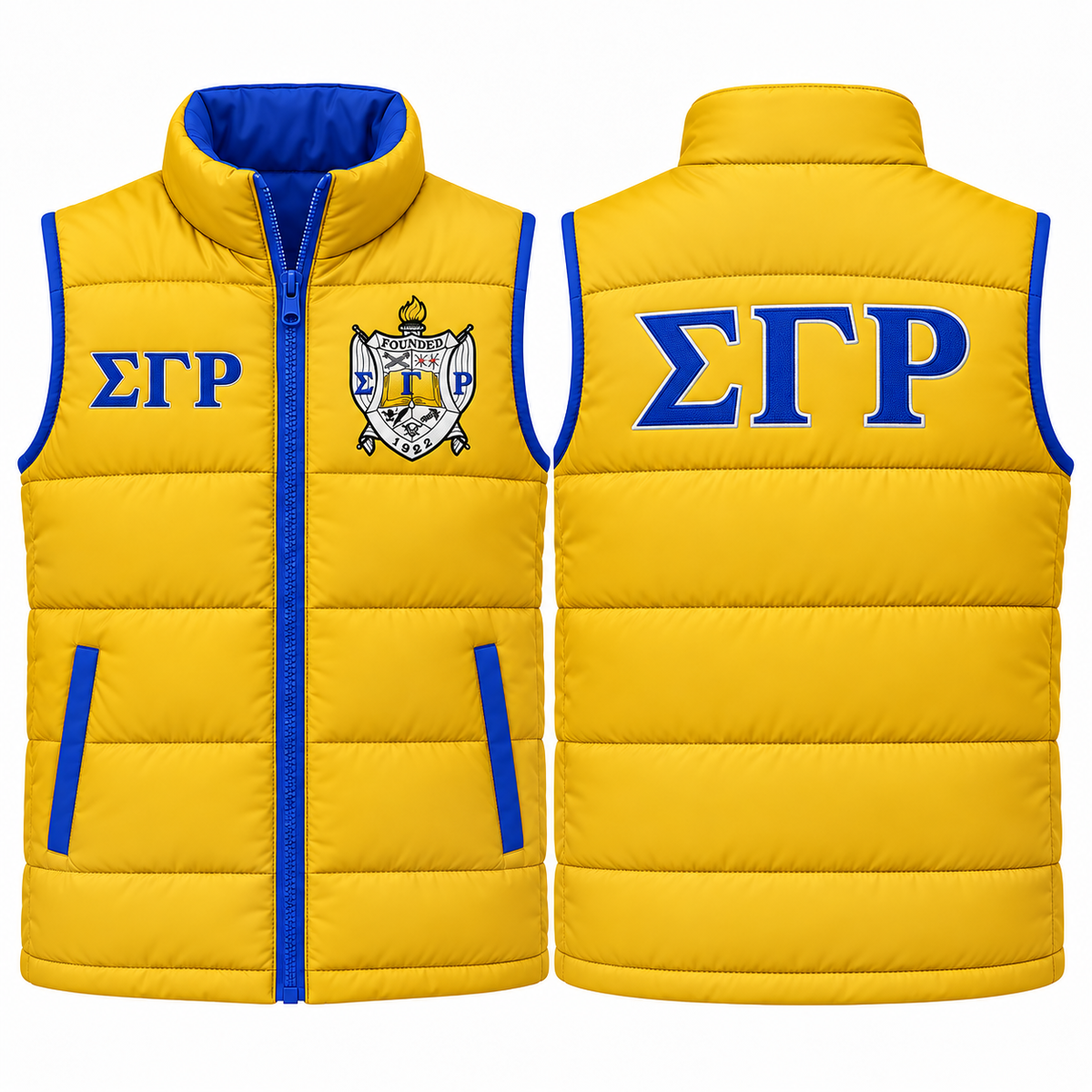Sigma Gamma Rho gold and royal blue custom embroidered puffer vest front and back