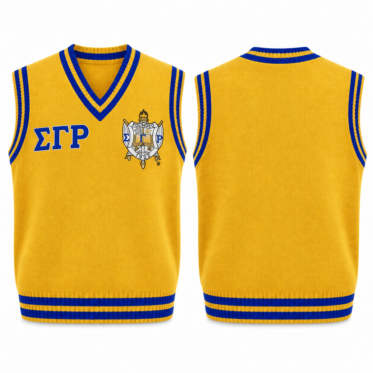 Sigma Gamma Rho gold and royal blue varsity sweater vest front and back
