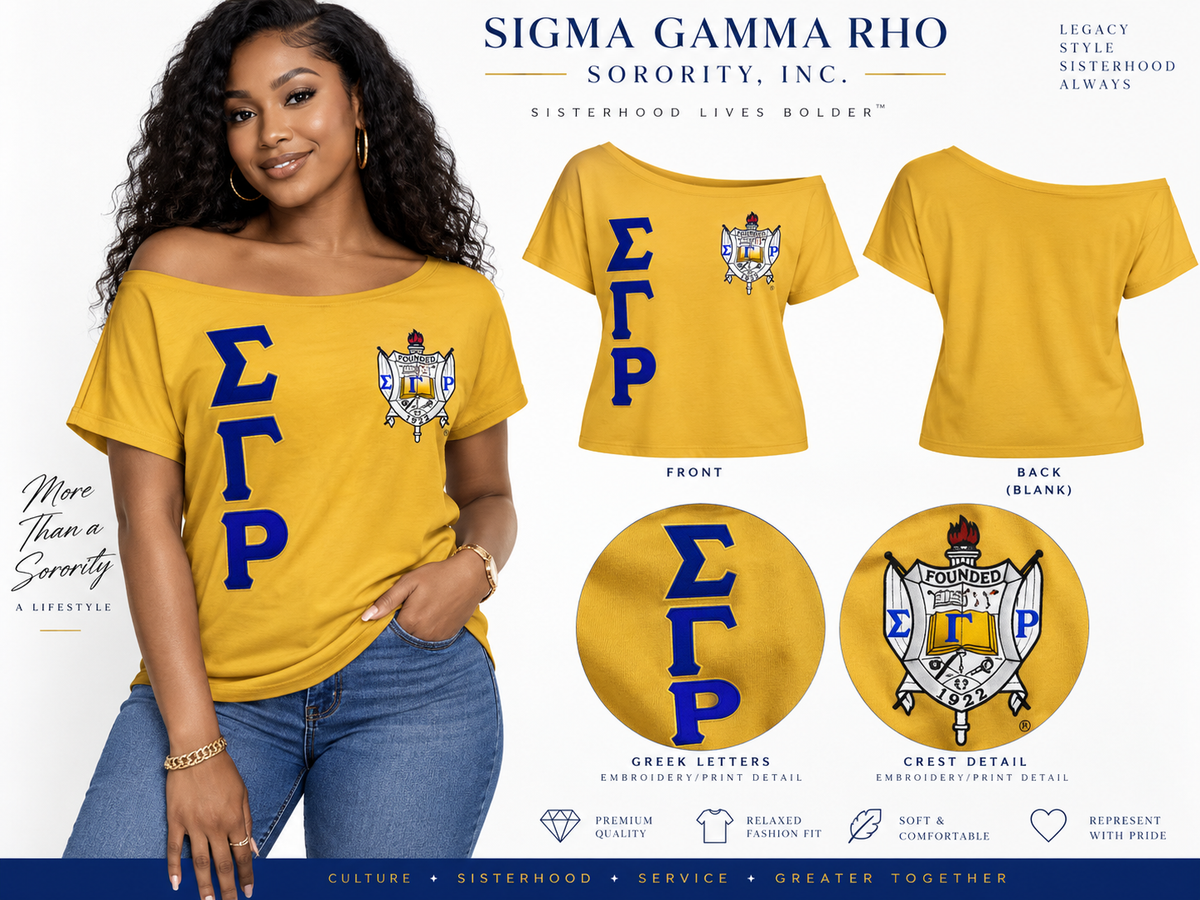 Sigma Gamma Rho women's off-shoulder embroidered tee gold and royal blue