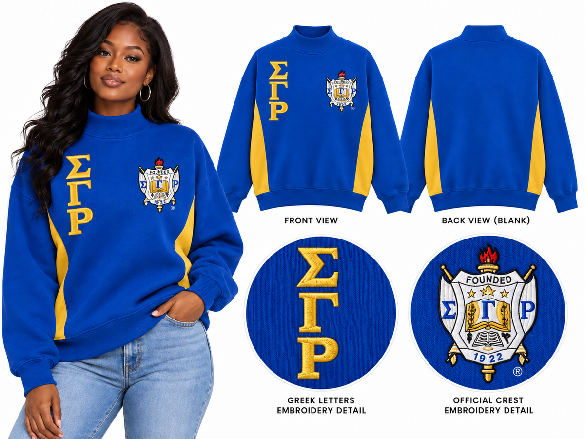 Sigma Gamma Rho oversized mock-neck embroidered sweatshirt royal blue and gold