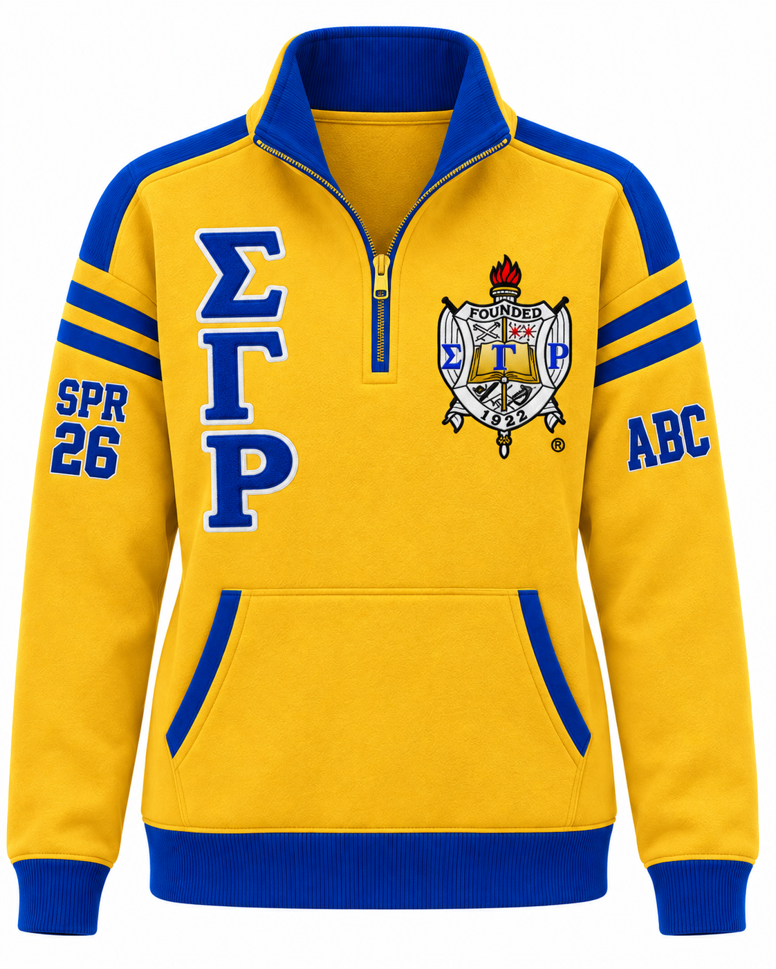 Sigma Gamma Rho Custom Embroidered Quarter-Zip Pullover | Gold & Royal Blue — large front view, customization example