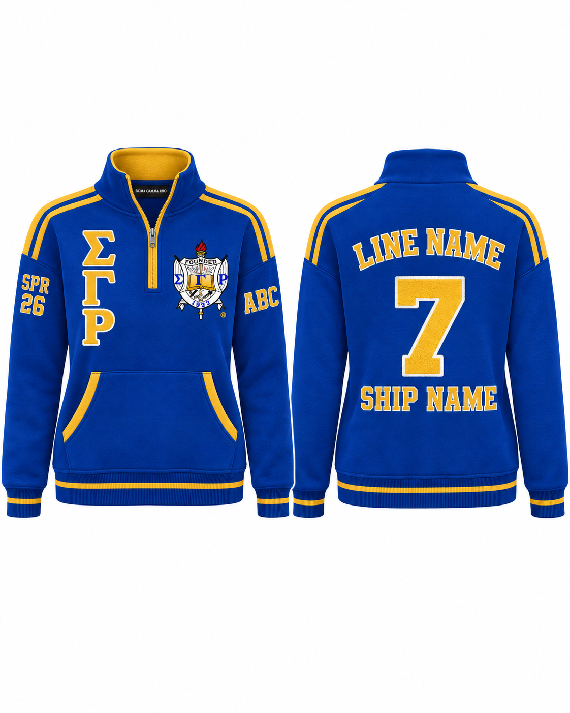 Sigma Gamma Rho royal blue and gold custom embroidered quarter zip pullover