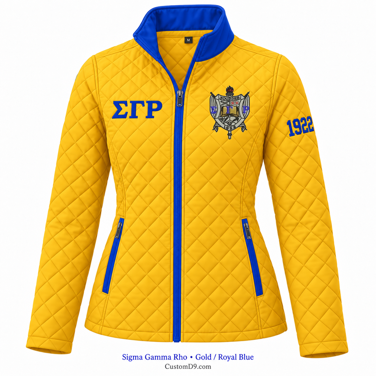 Sigma Gamma Rho quilted jacket in Gold and Royal Blue; original crest, ΣΓΡ and 1922 sleeve customization example