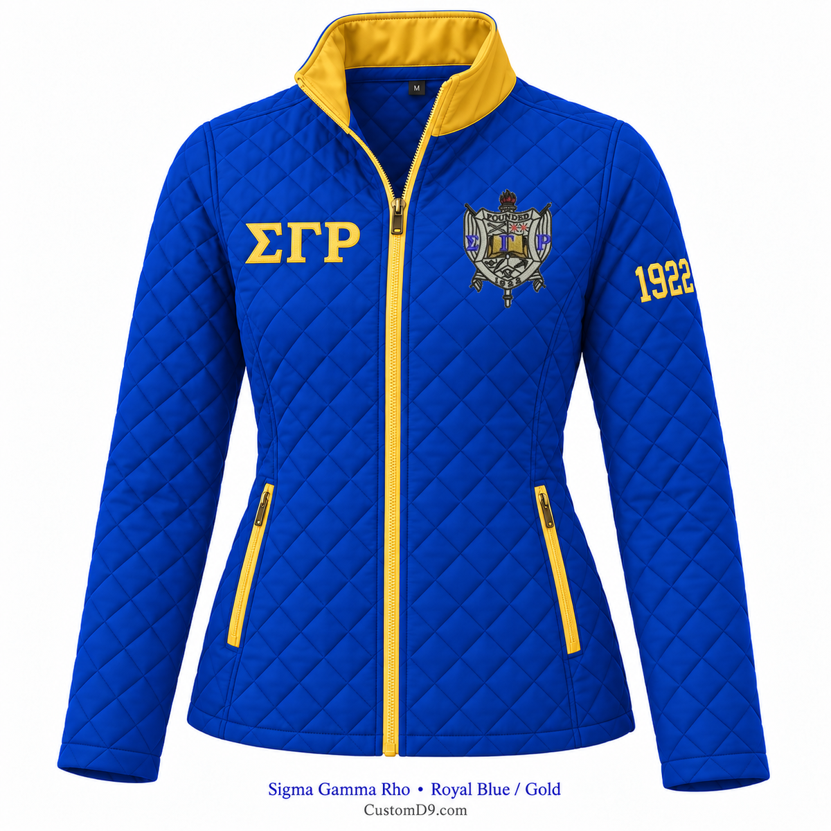Sigma Gamma Rho quilted jacket in Royal Blue and Gold; original crest, ΣΓΡ and 1922 sleeve customization example